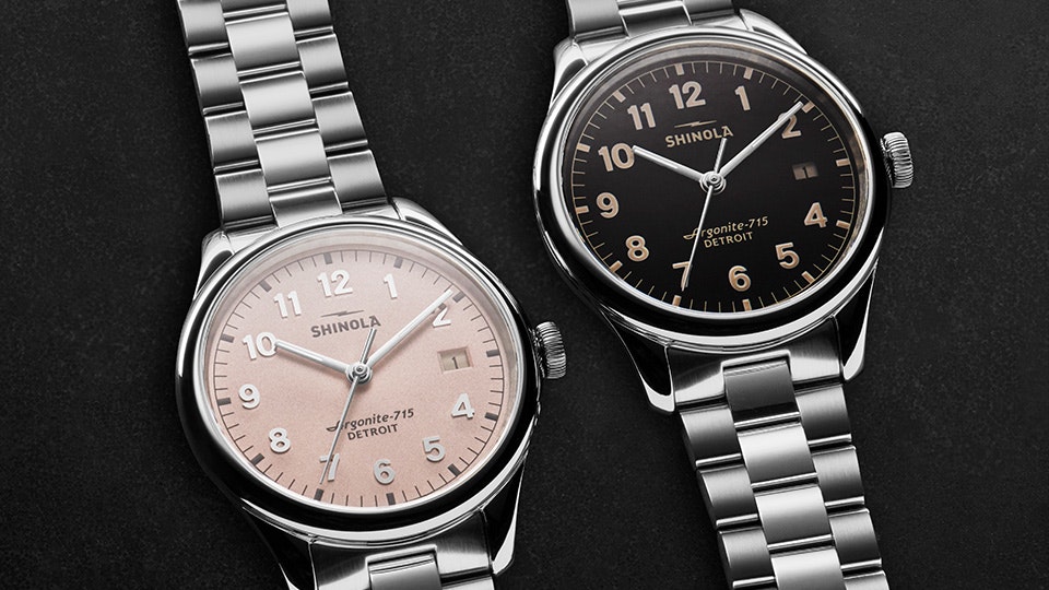 shinola watches with pink and black dials